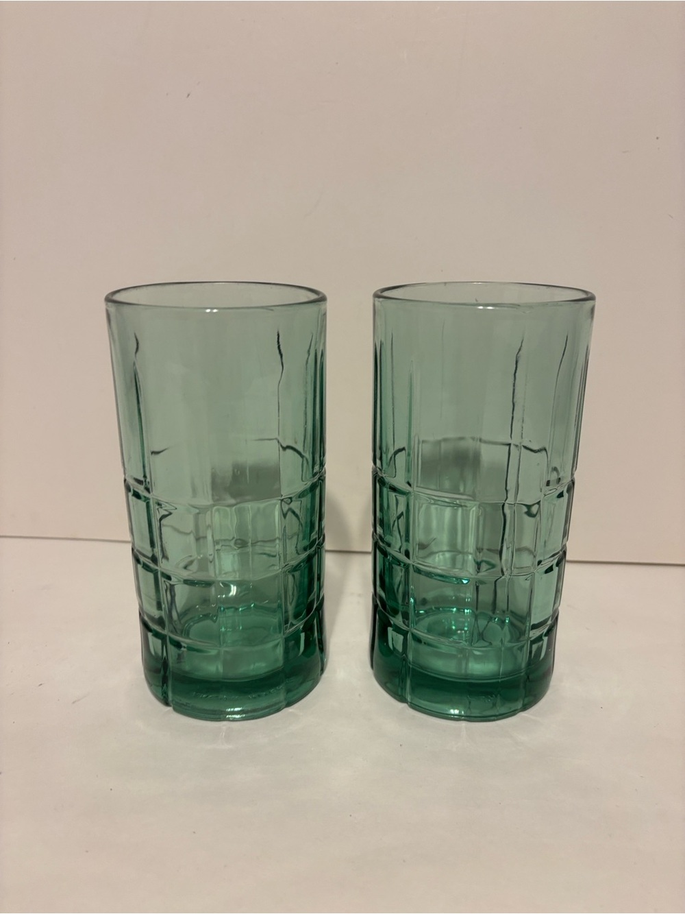Anchor Hocking teal blue Green Tartan Glasses tumblers set 2